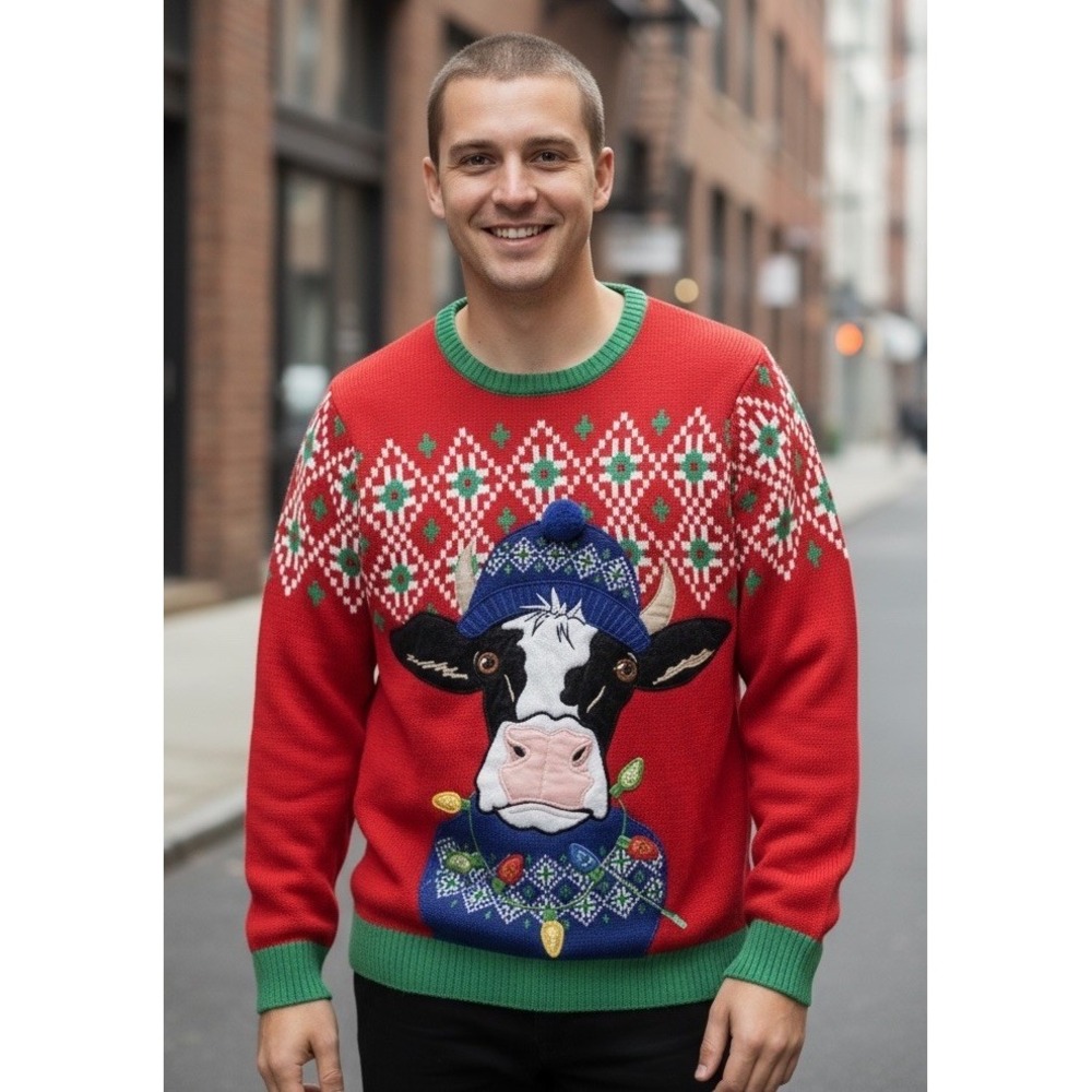 So Ugly Christmas Office Sweater Small Red Knit Pullover Cow Lights Holiday Time